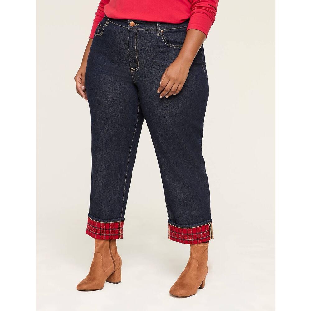 Lane Bryant Mid Rise Boyfriend Jeans Size 18 Dark Wash Cuffed Plaid NWT